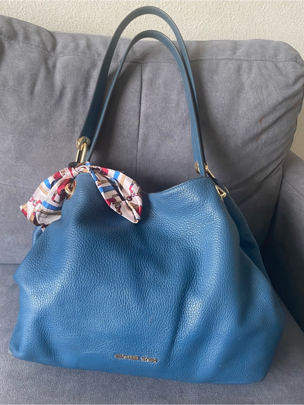 Michael Kors Teal Blue Pebbled Leather Shoulder Bag with Scarf Accent